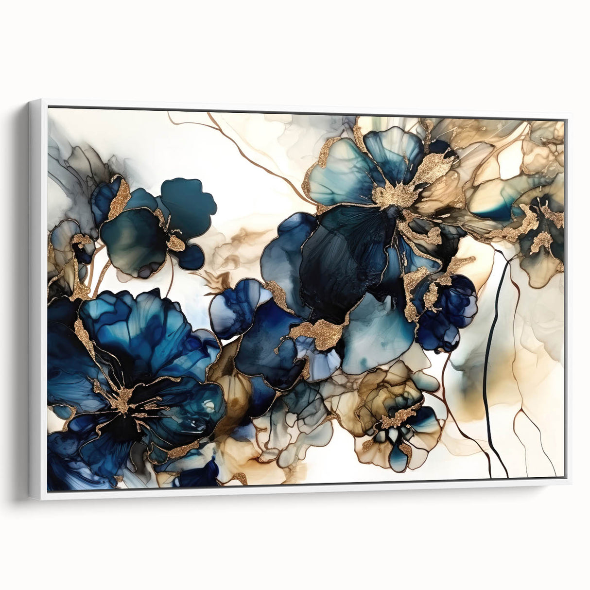 Framed canvas wall art showcasing an abstract floral design in soft pastel colors. The elegant piece features a white frame and is displayed in side view, ideal for modern home decor.
