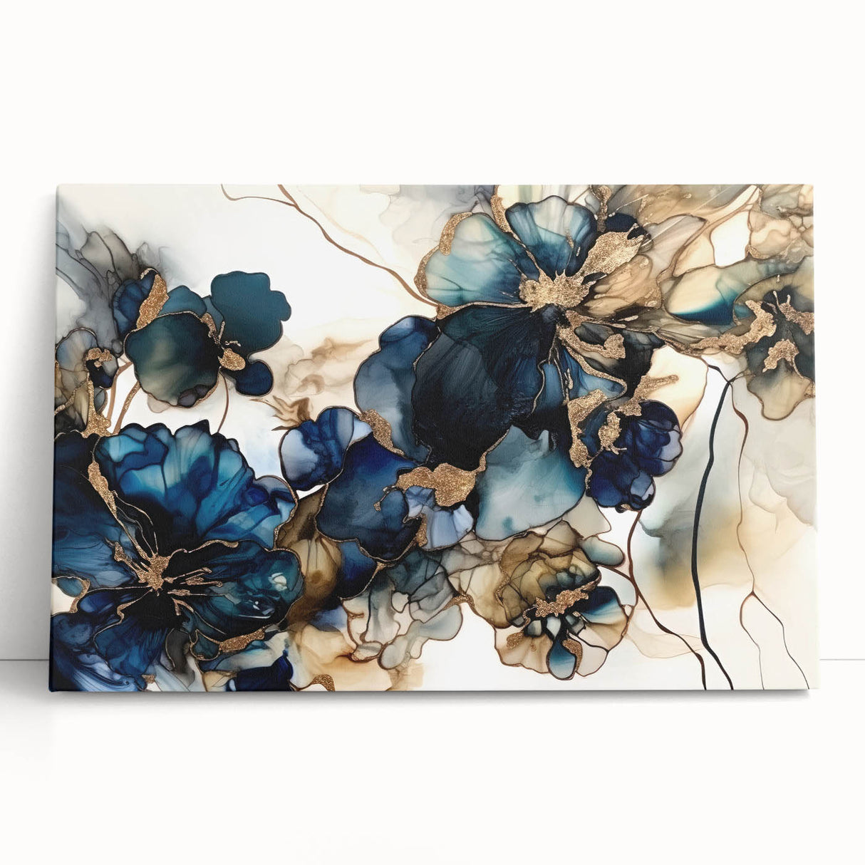 Abstract floral wall art on stretched canvas, featuring vibrant colors and intricate designs, leaning against a neutral wall, ideal for modern home decor.