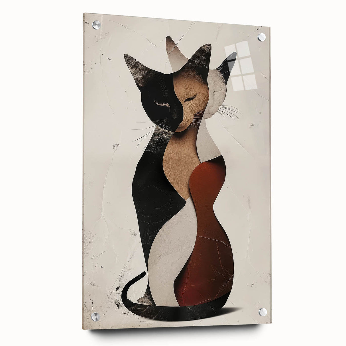 Abstract figurative acrylic artwork displayed in a glass frame, showcasing vibrant colors and intricate textures, highlighted by decorative pins for added interest.