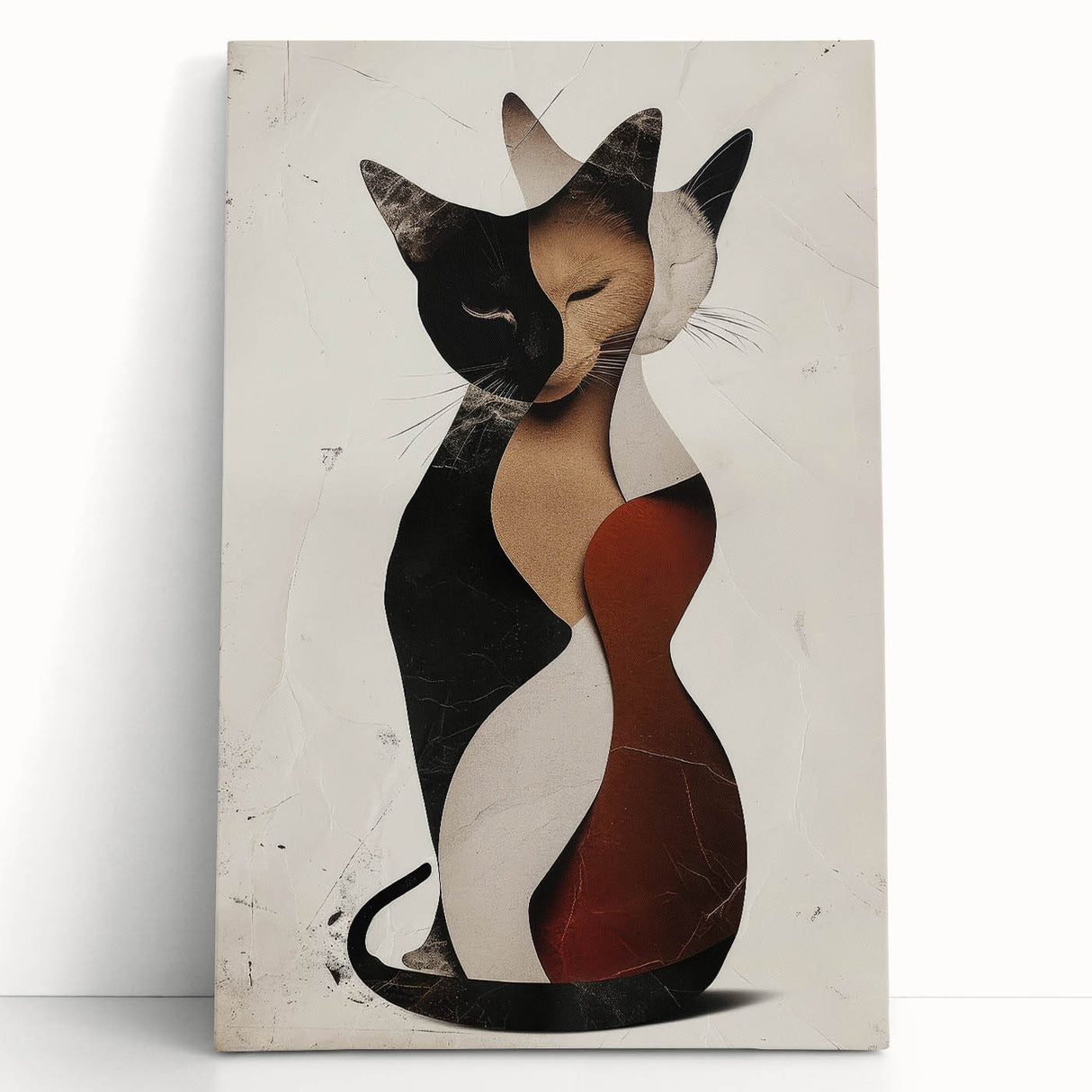 Abstract figurative stretched canvas artwork featuring vibrant colors and dynamic shapes, leaning against a neutral wall, ideal for modern home decor.