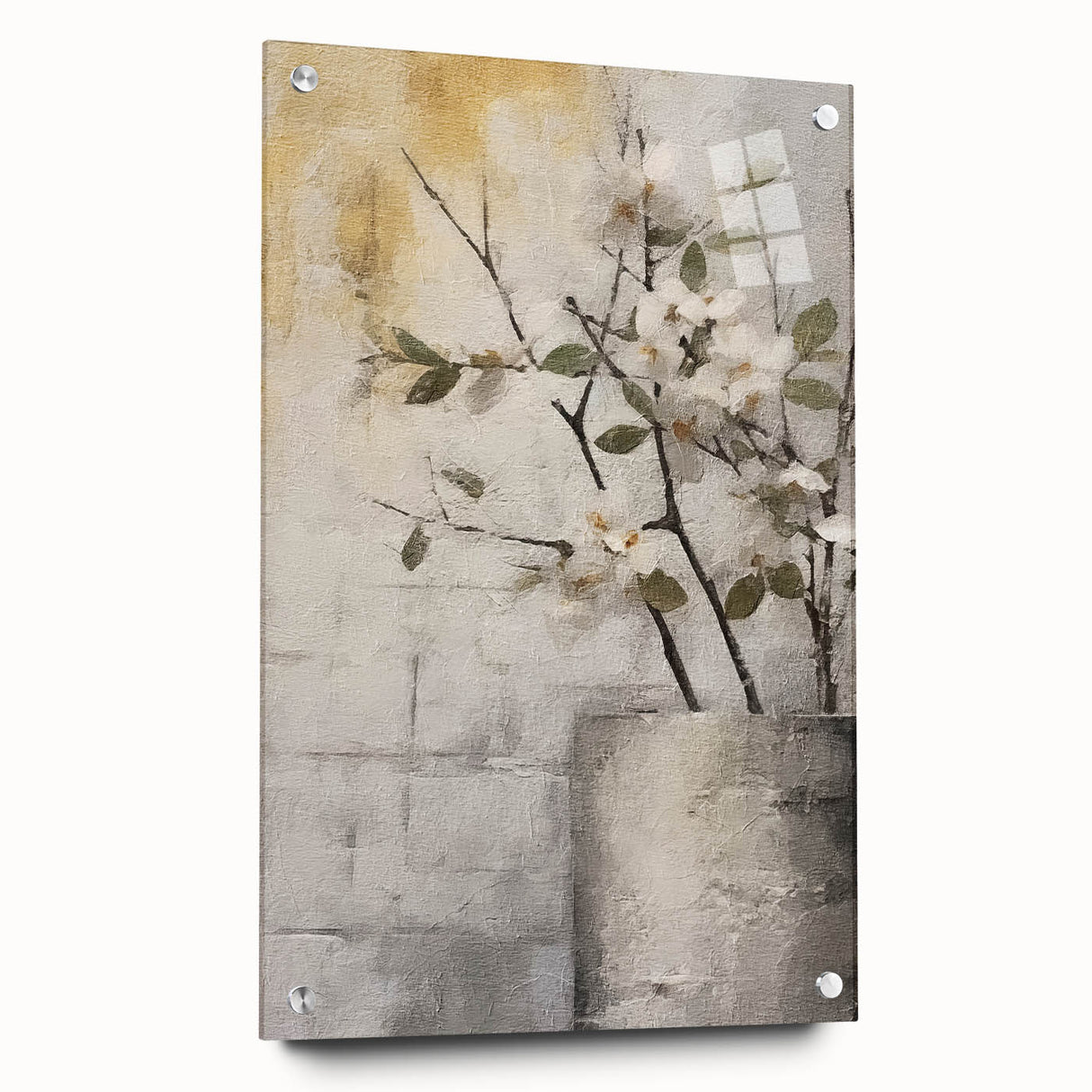 Abstract floral wall art displayed in a side view on acrylic glass, showcasing vibrant colors and intricate details, mounted with decorative pins for an elegant finish.