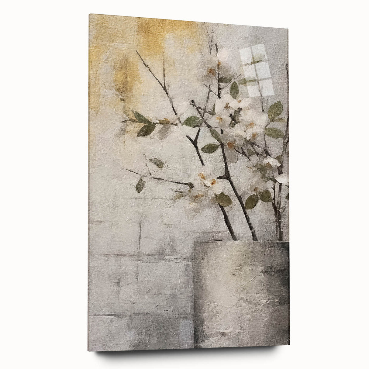 Abstract florals wall art displayed behind acrylic glass, showcasing vibrant colors and intricate designs, ideal for modern home decor. Side view highlights protective glass without visible pins.
