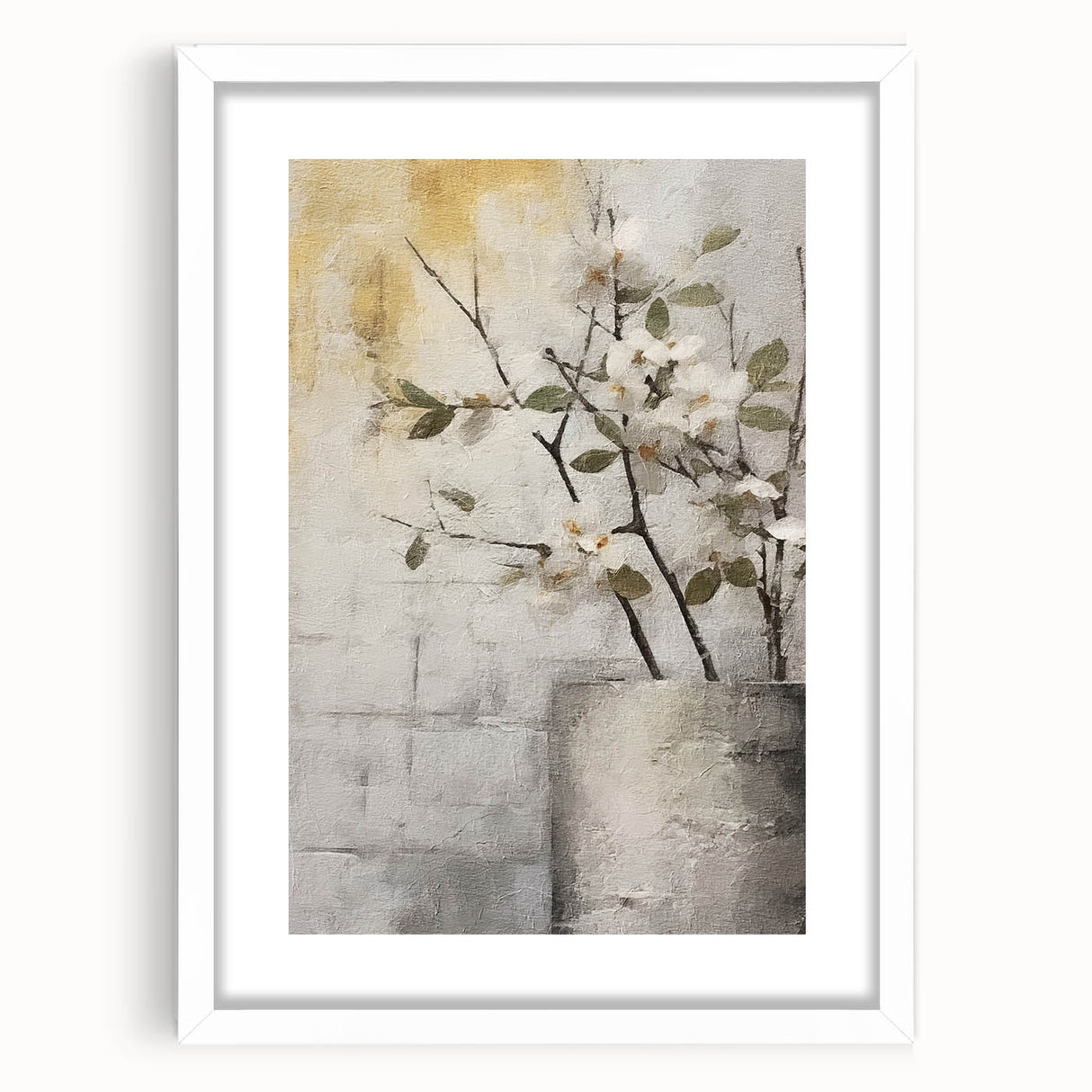 Abstract floral wall art framed in white with a mat, showcasing vibrant colors and intricate designs, perfect for enhancing modern home decor.