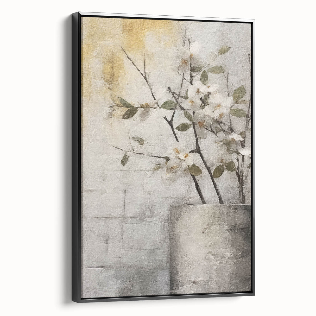 Framed canvas wall art featuring abstract floral designs in vibrant colors, showcasing a black frame and a side view perspective, perfect for modern home decor.