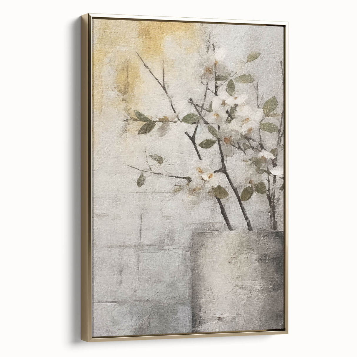 Framed abstract floral wall art showcasing vibrant gold and pastel colors, displayed in a modern setting with a sleek side view that highlights its elegant design.