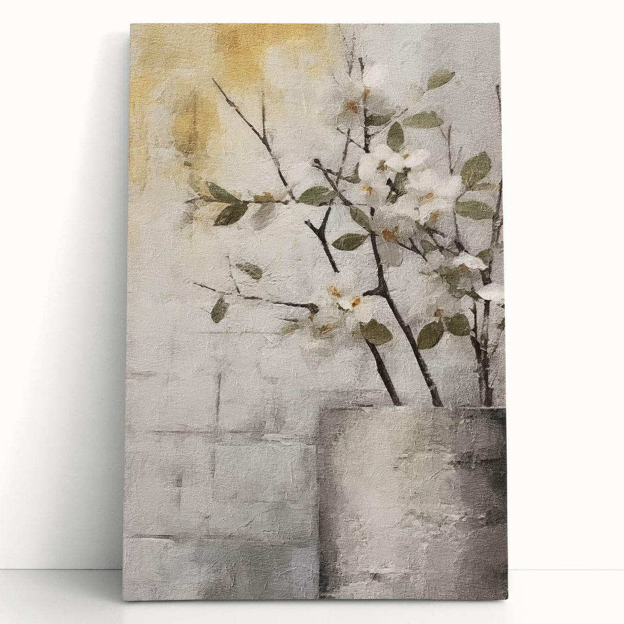 Abstract floral wall art on stretched canvas, featuring vibrant colors and intricate designs, elegantly leaning against a wall, perfect for modern home decor.