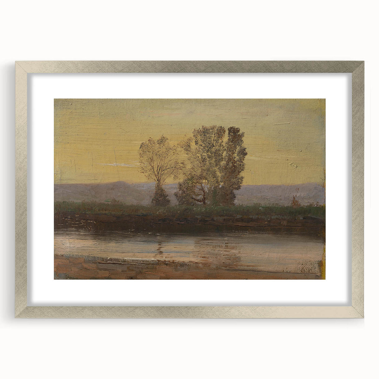 Modern Wall Art: Serene Twilight Landscape with Trees and River Scene
