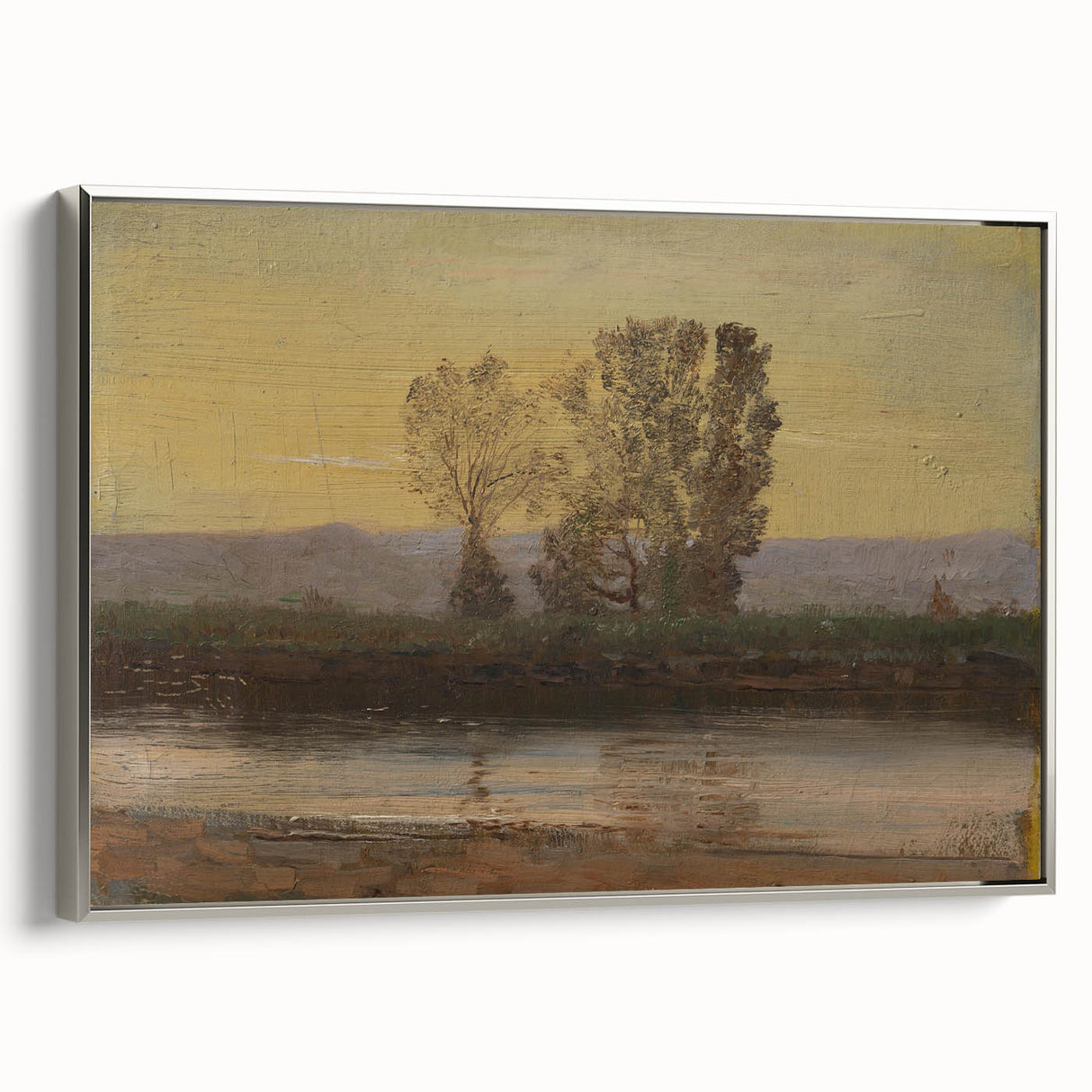 Modern Wall Art: Serene Twilight Landscape with Trees and River Scene