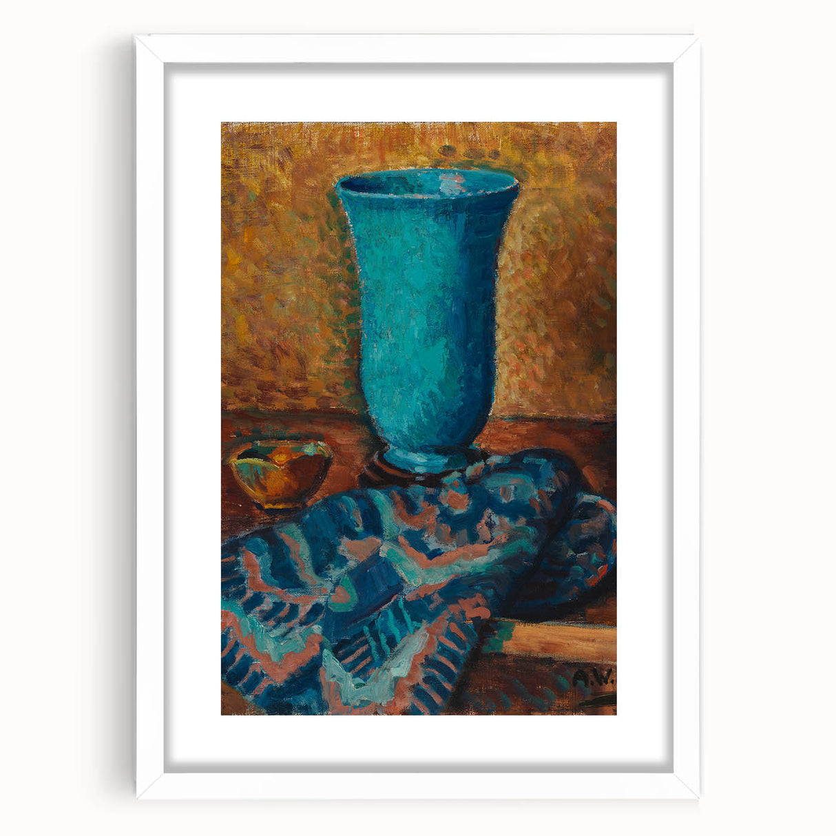 Abstract Still Life - Blue Vase and Textured Cloth Wall Art