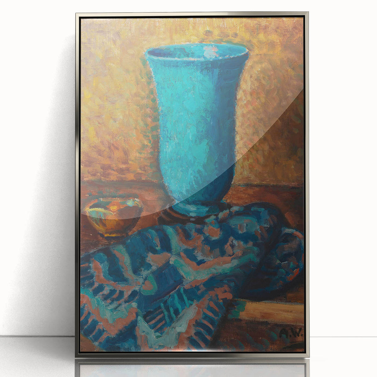 Abstract Still Life - Blue Vase and Textured Cloth Wall Art