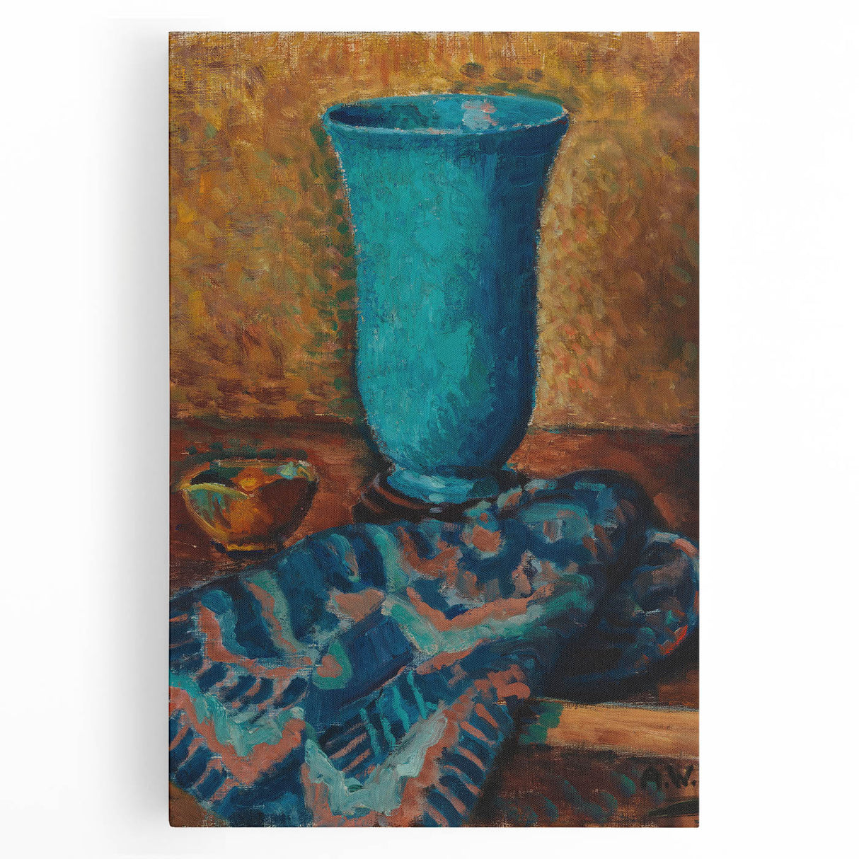 Abstract Still Life - Blue Vase and Textured Cloth Wall Art