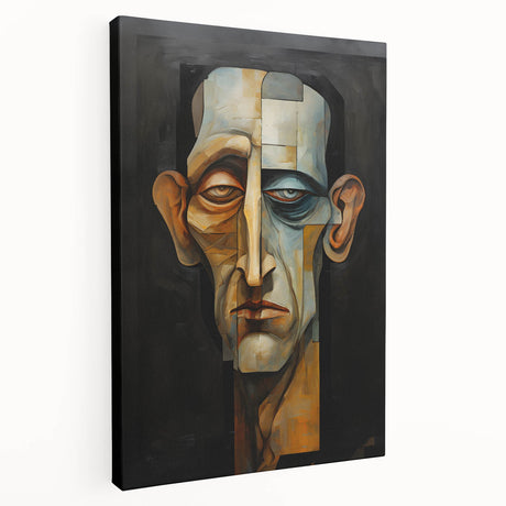 Abstract figurative wall art stretched on canvas, showcasing vibrant colors and dynamic shapes, presented in a side view to highlight its depth and texture.