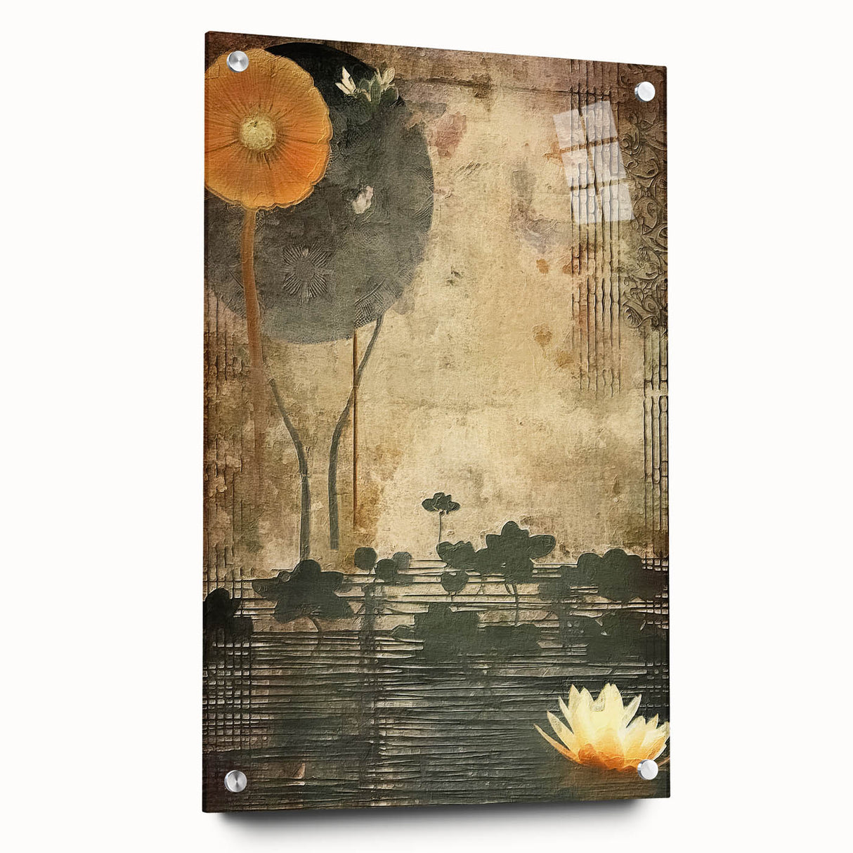 Abstract floral wall art design displayed in an acrylic glass frame, showcasing vibrant colors and intricate details, mounted with decorative pins for an elegant look.