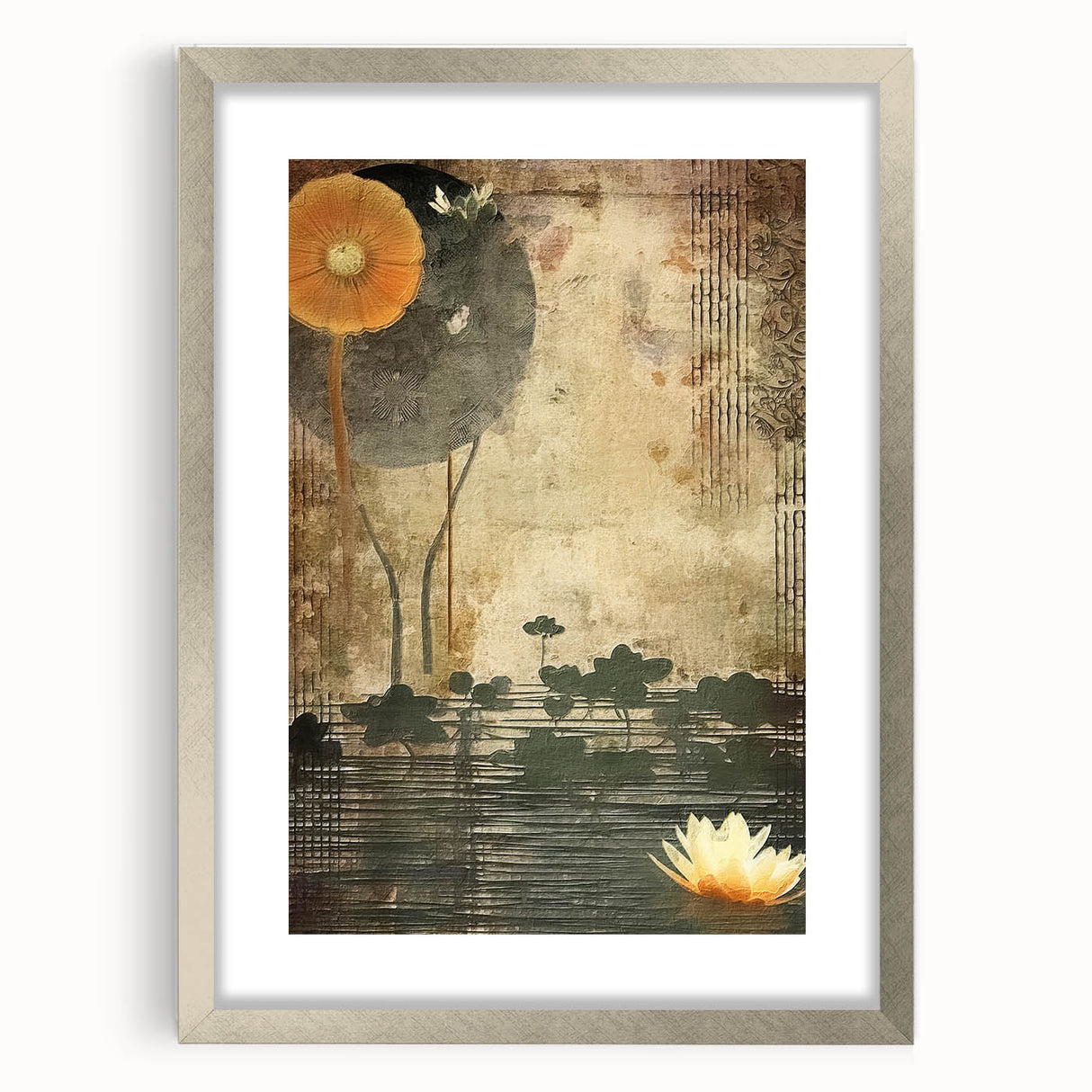 Abstract floral wall art framed in silver, showcasing vibrant colors and intricate designs, perfect for enhancing contemporary home decor.