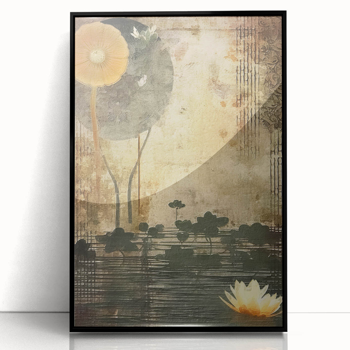 Framed abstract floral wall art in black acrylic, showcasing vibrant colors and intricate designs, perfect for modern home decor and artistic expression.