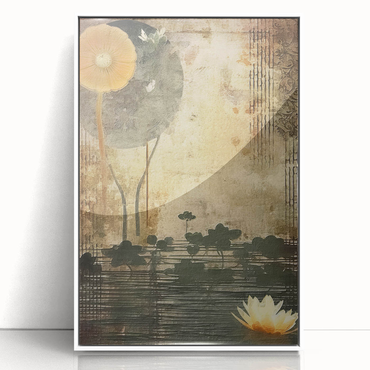 Framed acrylic wall art featuring an abstract floral design in soft pastel colors, displayed against a white background, perfect for modern home decor.