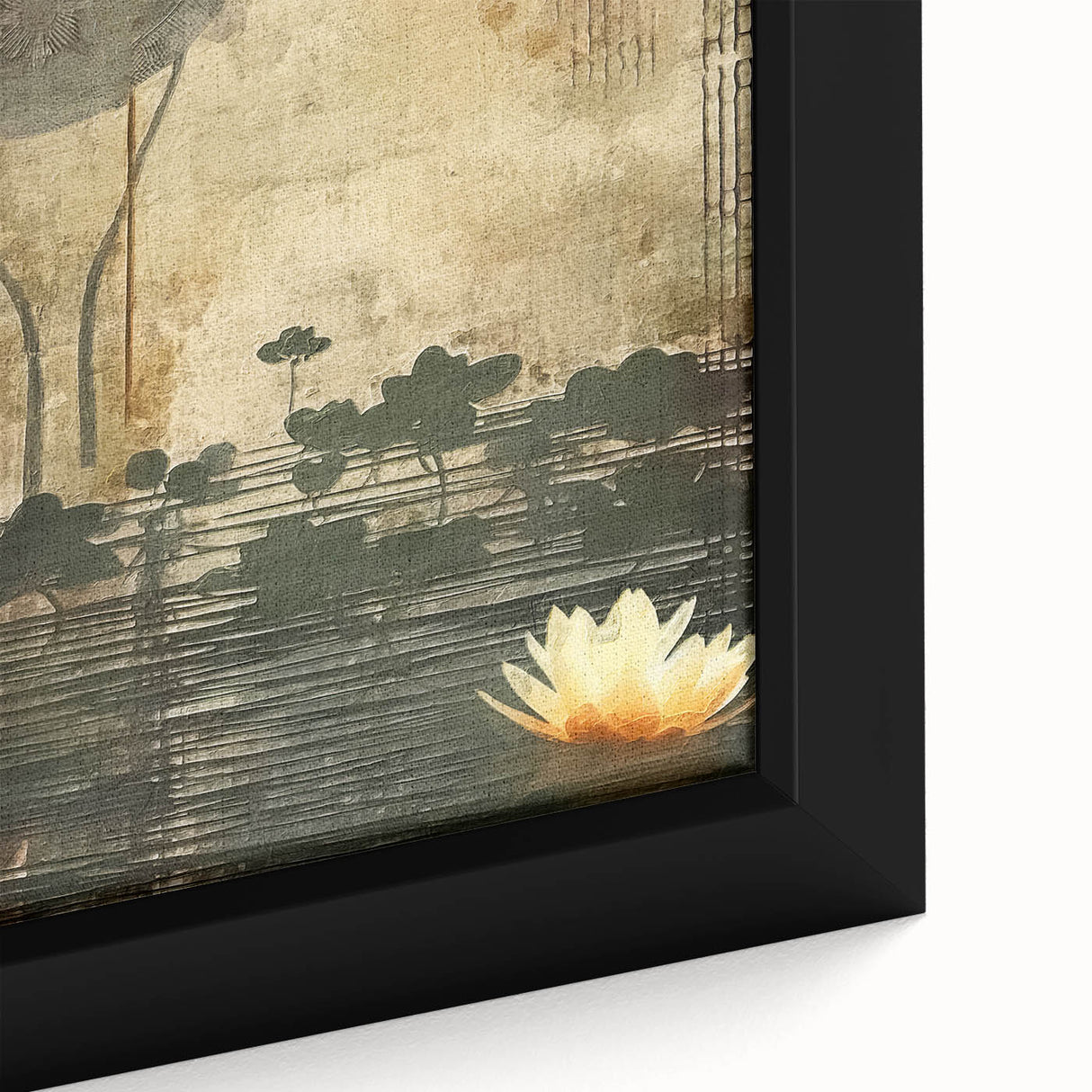 Close-up of framed abstract floral wall art featuring vibrant colors and intricate details, showcasing a blend of pink, blue, and green hues ideal for modern decor.