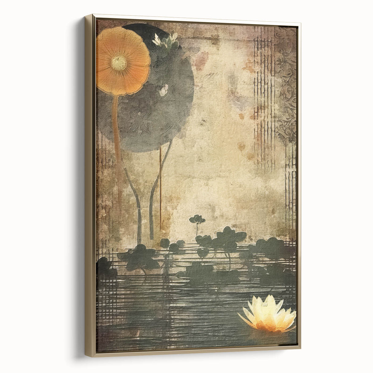 Framed abstract floral wall art featuring soft pastel colors and gold accents, displayed in a stylish side view. Ideal for modern home decor.