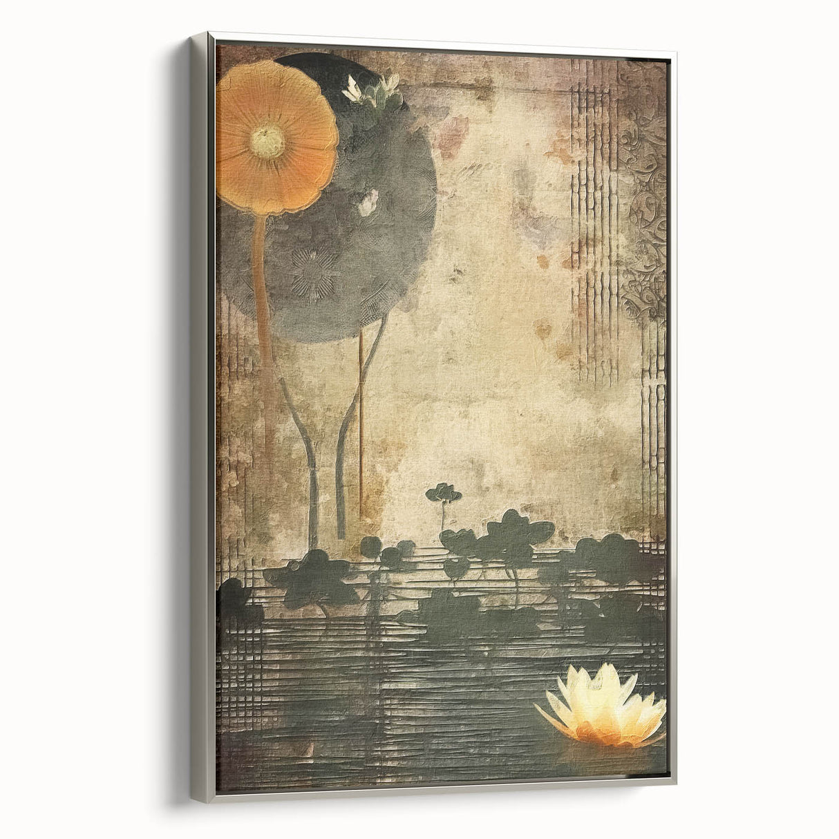 Framed wall art showcasing an abstract floral design with silver accents, set against a sleek canvas background, perfect for modern home decor.