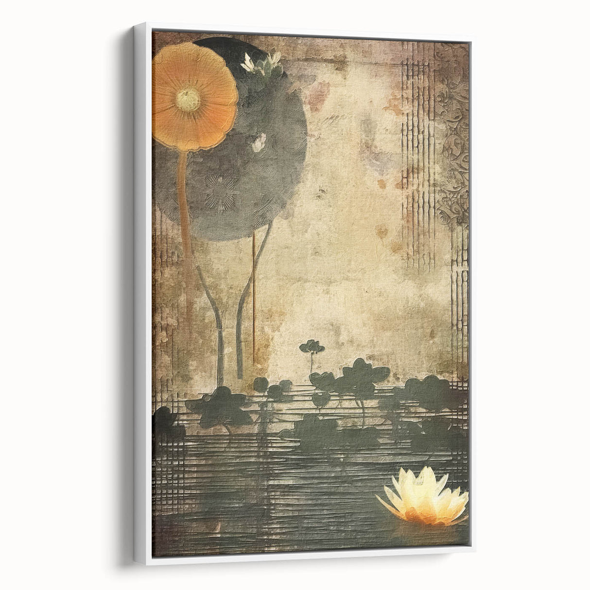 Framed canvas wall art featuring an abstract floral design in vibrant colors, displayed in a modern white frame, adding elegance to any decor. Ideal for home or office settings.