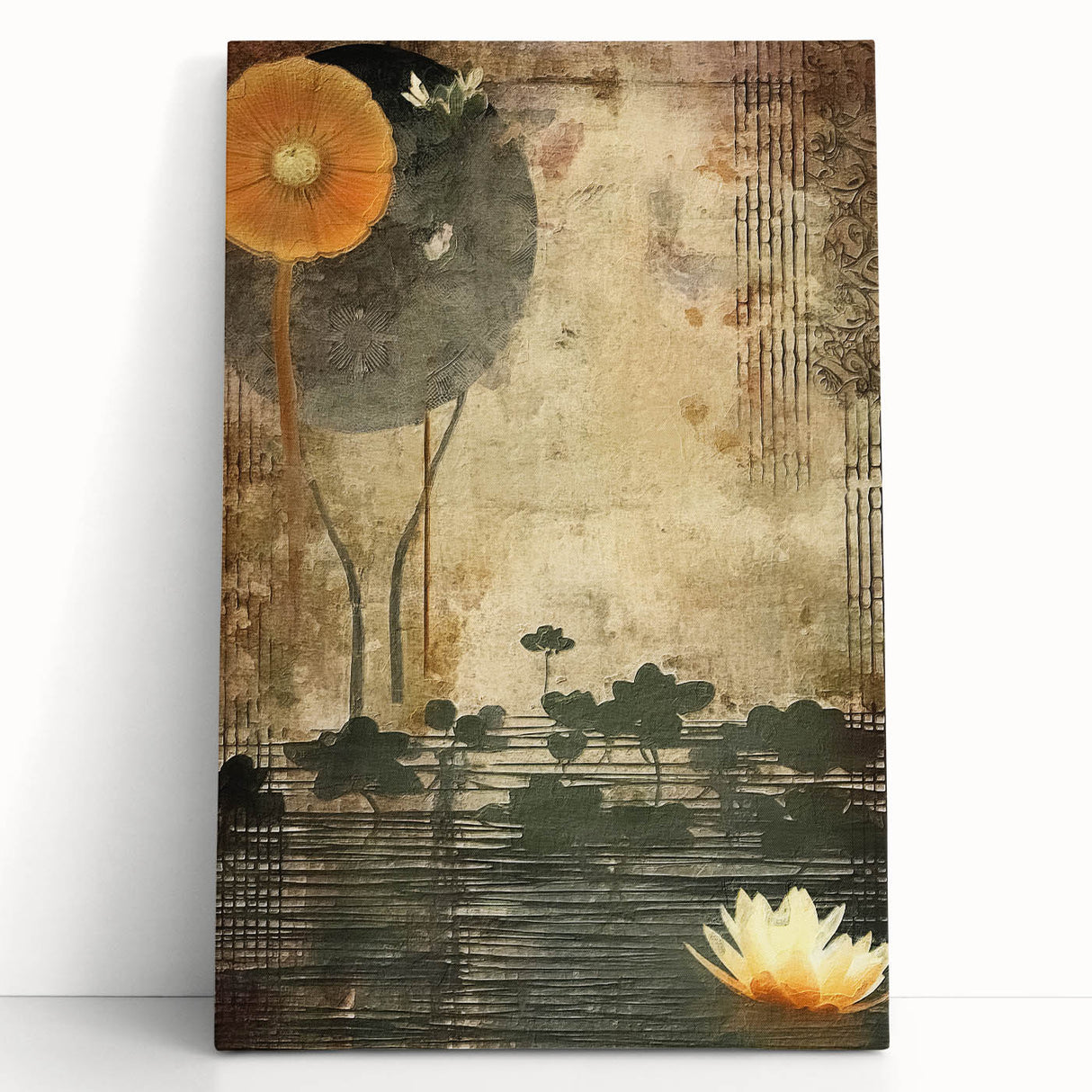 Abstract floral wall art on stretched canvas, showcasing vibrant colors and intricate details, perfect for home decor or gallery display. Ideal for modern interiors.