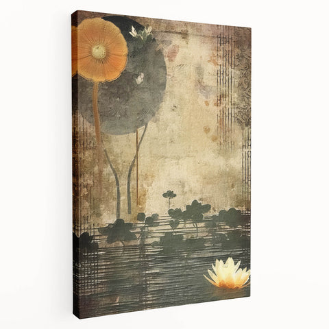 Stretched canvas wall art featuring an abstract floral design in vibrant colors, showcasing intricate patterns and textures, ideal for modern home decor.