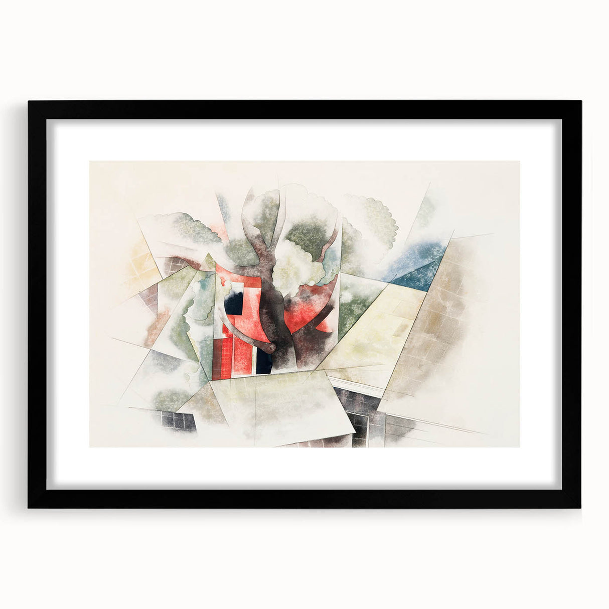 Modern Wall Art: Abstract Rooftops and Trees with Geometric Flair