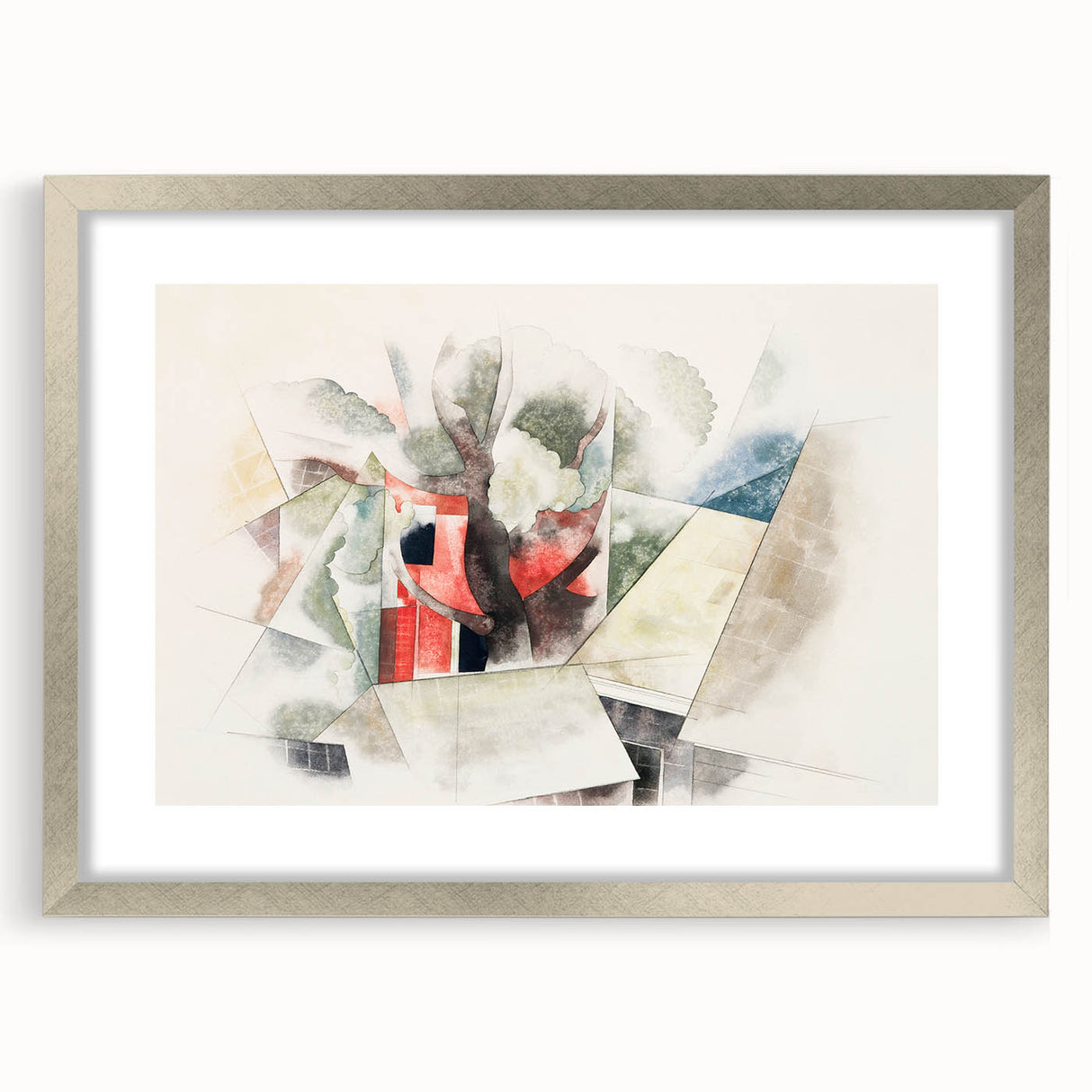 Modern Wall Art: Abstract Rooftops and Trees with Geometric Flair