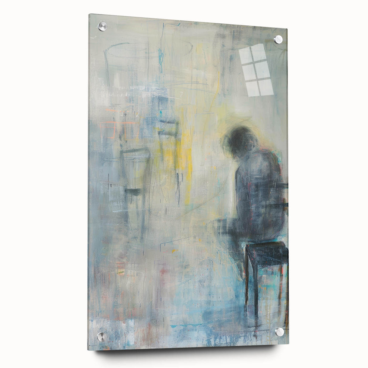 Abstract figurative acrylic artwork displayed in a glass frame, showcasing vibrant colors and intricate pins, perfect for modern interior decor.
