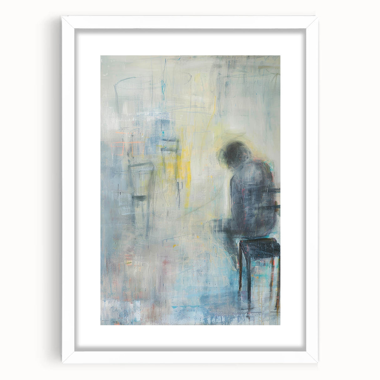 Abstract figurative art frame featuring a white mat, showcasing vibrant colors and dynamic shapes, ideal for modern home decor, enhancing any interior space.