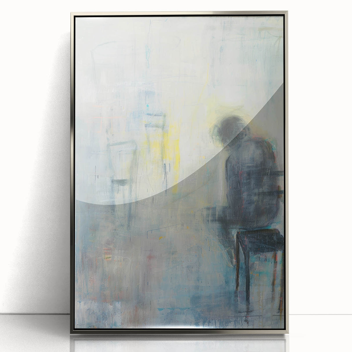 Framed abstract figurative art piece with a silver frame, showcasing intricate shapes and colors, perfect for modern home decor or office spaces.