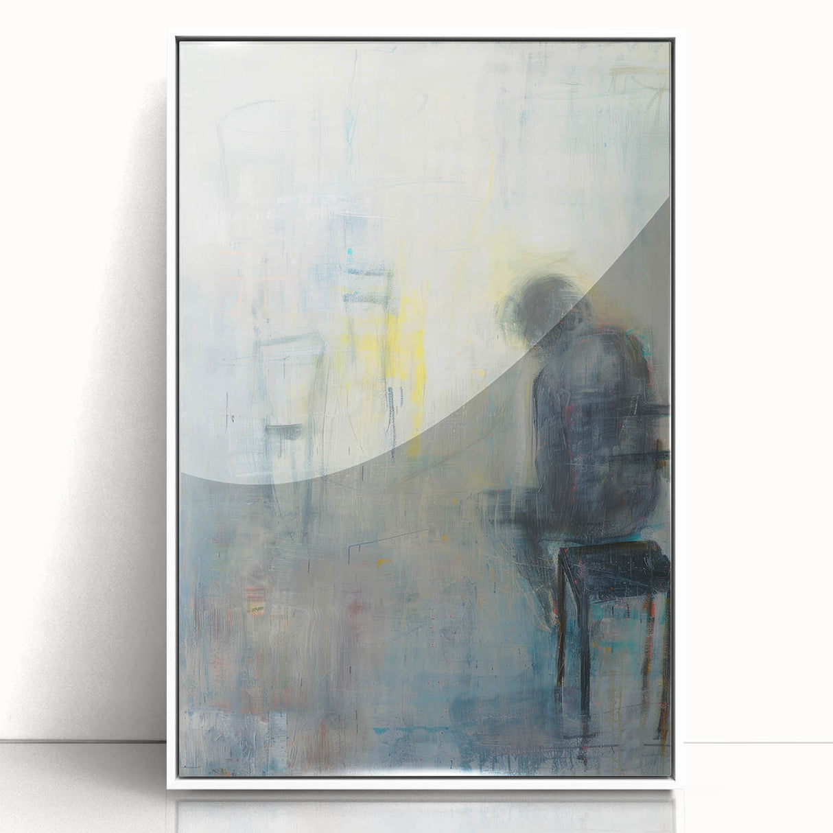 Framed abstract figurative art piece in white acrylic, showcasing dynamic shapes and soft colors. Ideal for modern decor, adding elegance and creativity to any space.