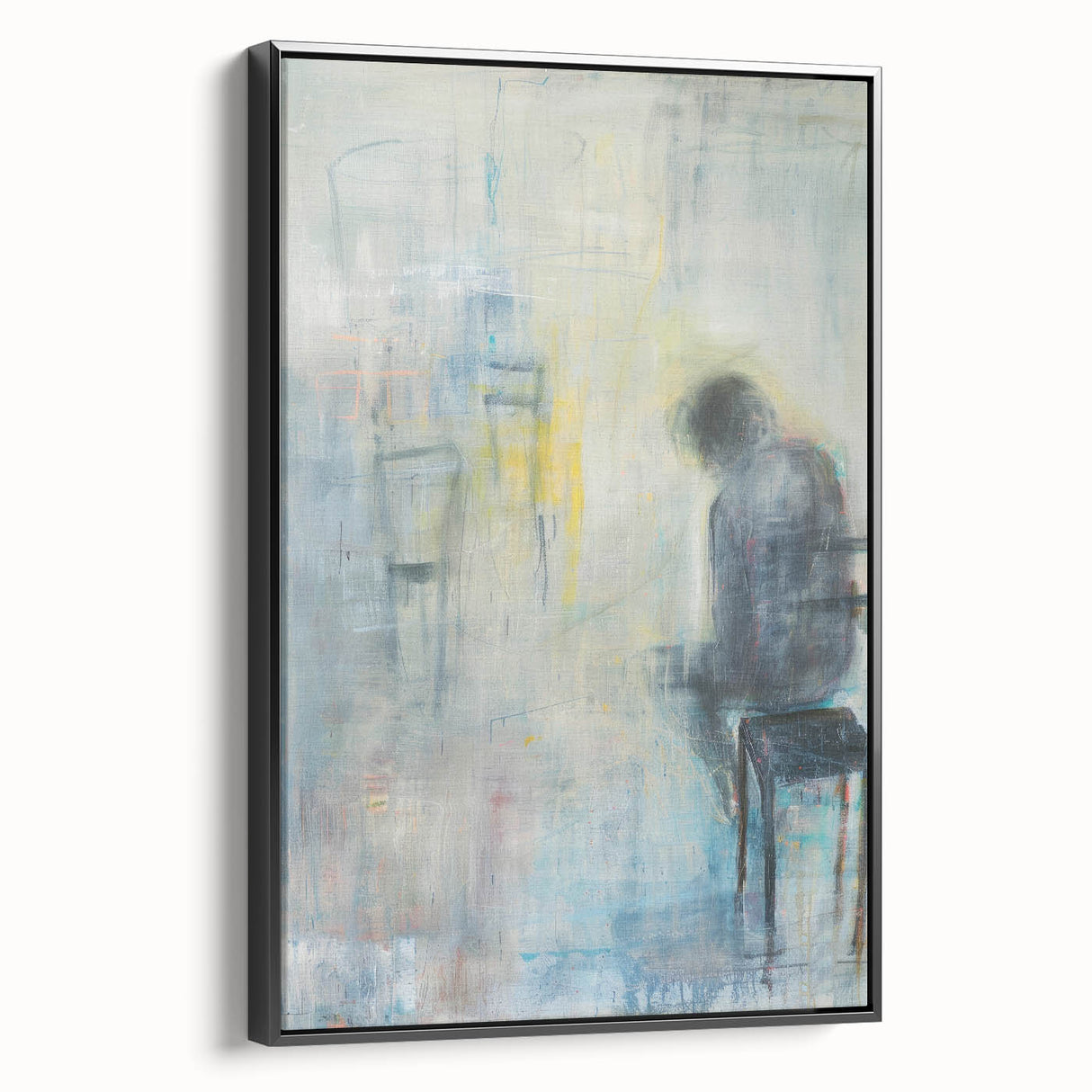 Abstract figurative framed canvas art in black, showcasing intricate shapes and designs, displayed in a stylish side view to highlight its contemporary elegance.