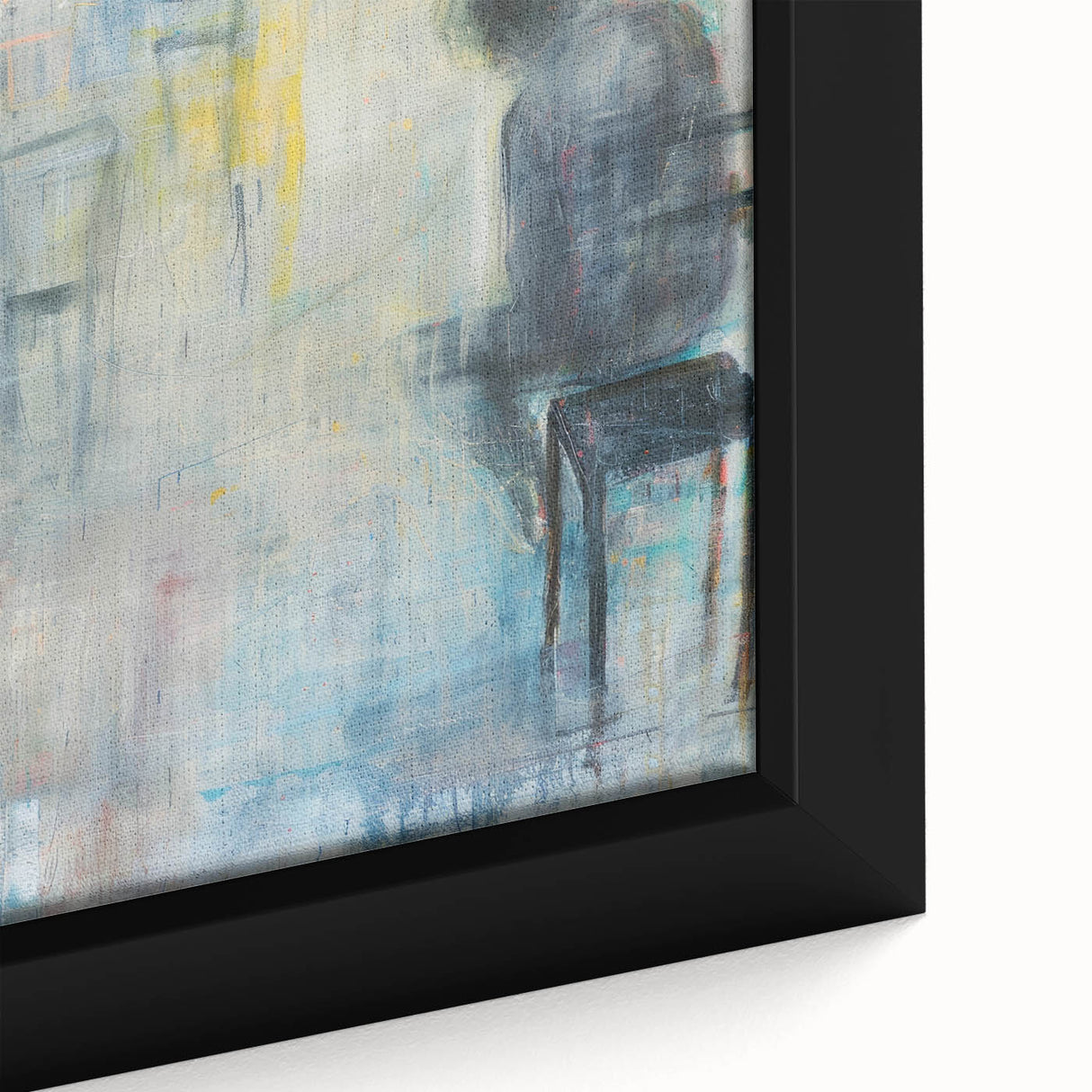 Close-up of a colorful abstract figurative framed canvas art piece, showcasing dynamic shapes and vibrant hues, perfect for modern home decor.