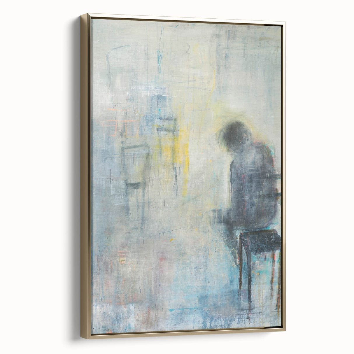 Abstract figurative framed canvas art in a gold frame, showcasing a modern design with rich colors and intricate details, perfect for contemporary decor.
