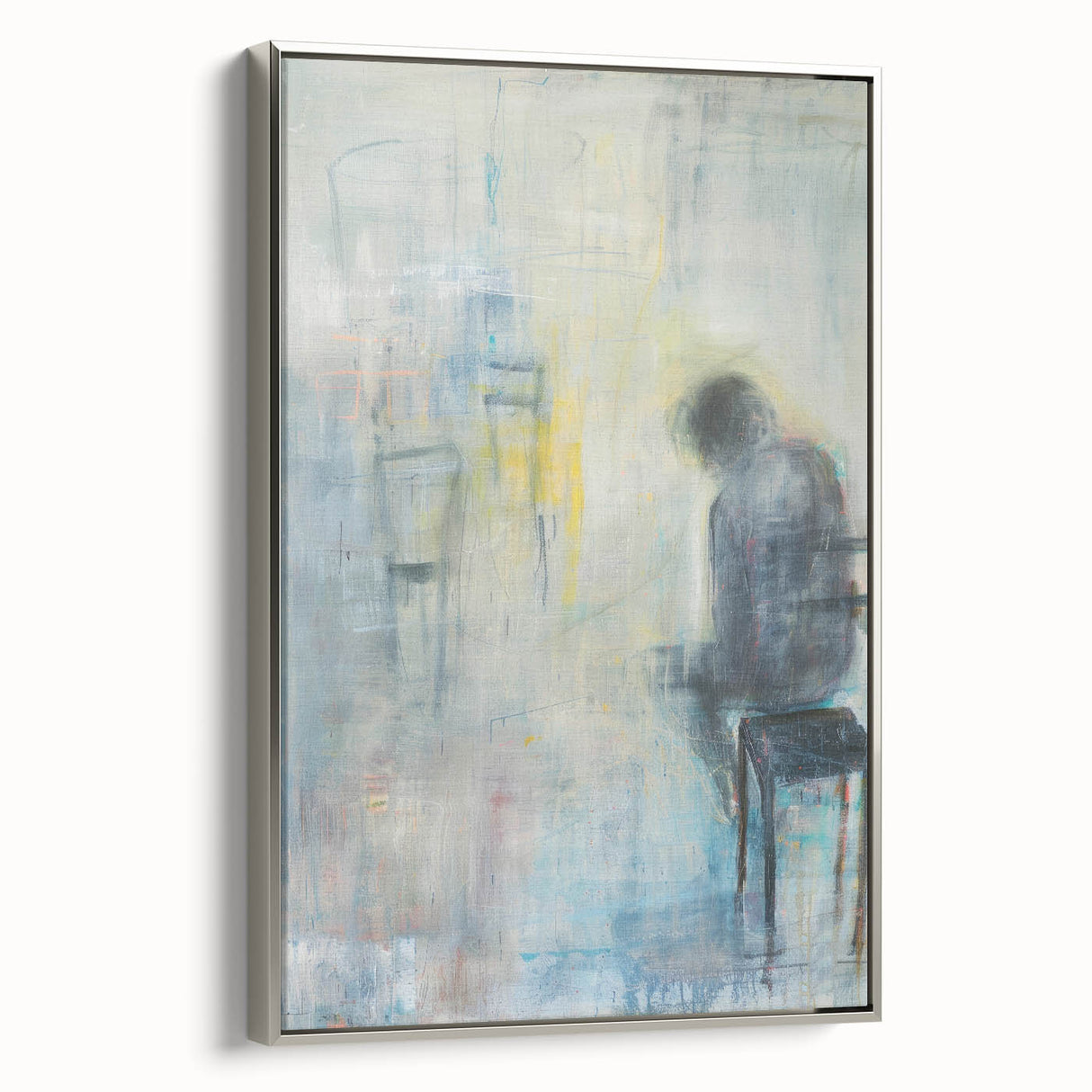 Silver-framed abstract figurative canvas artwork showcasing elegant curves and dynamic shapes, perfect for modern home decor. The side view highlights its sleek design and sophisticated finish, enhancing any interior space.