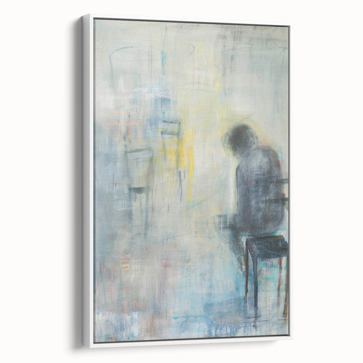 Framed abstract figurative canvas art in white, showcasing modern artistic design with fluid shapes and soft colors, perfect for contemporary decor.
