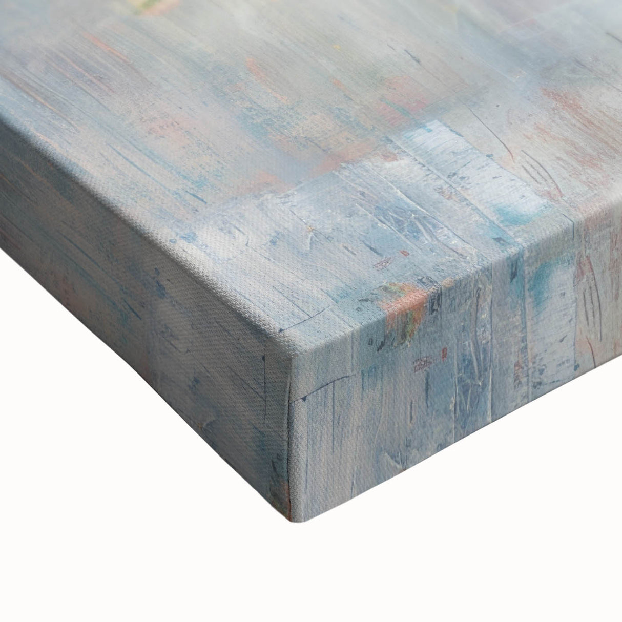 Close-up of an abstract figurative stretched canvas artwork showcasing vibrant colors and dynamic shapes, perfect for modern home decor. Ideal for art enthusiasts and interior designers looking to enhance their space with unique artistic expression.