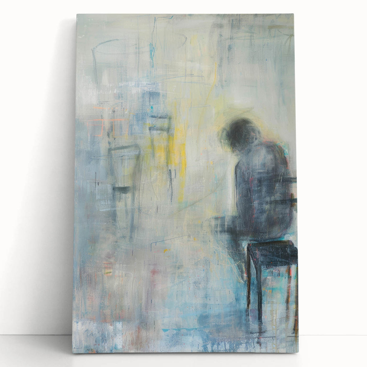 Abstract figurative art on stretched canvas depicting vibrant colors and fluid shapes, leaning against a neutral wall, ideal for modern home decor.