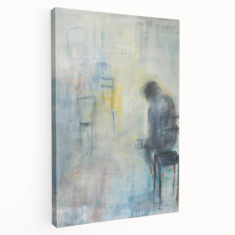 Abstract figurative stretched canvas artwork showcasing bold colors and dynamic shapes, viewed from the side, perfect for modern decor and artistic expression.