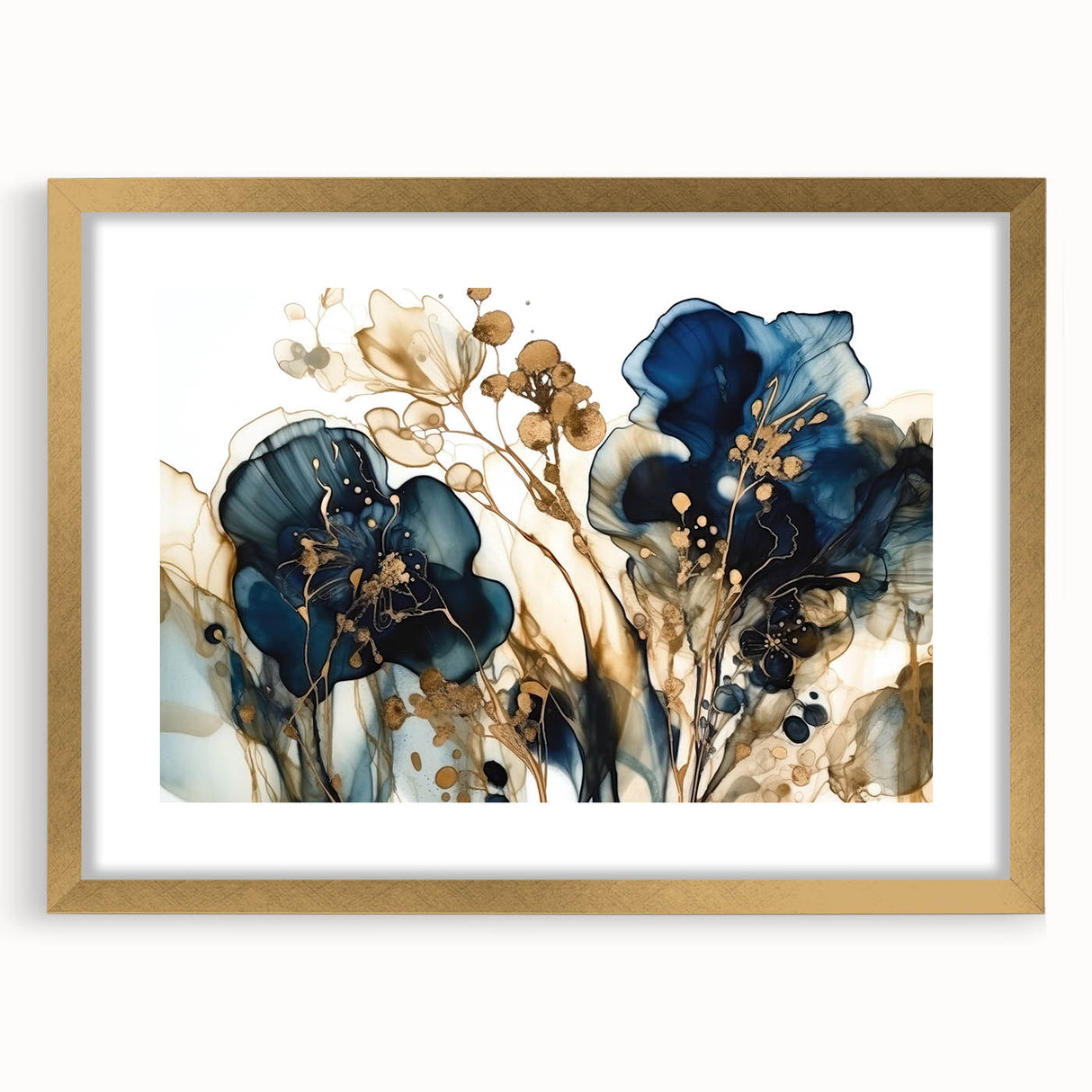 Abstract floral wall art framed with a gold mat, showcasing vibrant colors and intricate details, perfect for enhancing modern home decor aesthetics.