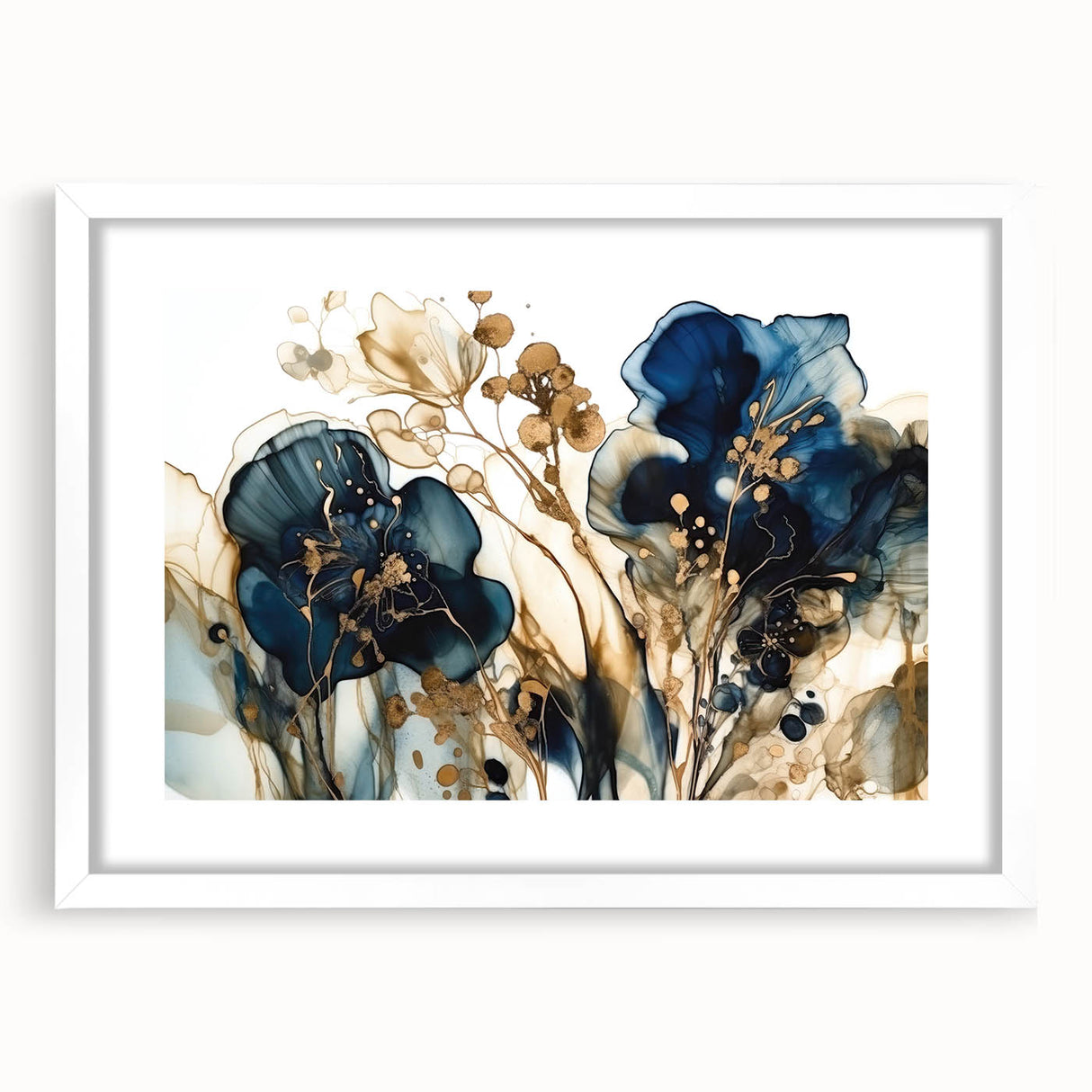 Abstract floral wall art framed in white with a mat, showcasing vibrant colors and intricate patterns, perfect for modern home decor.