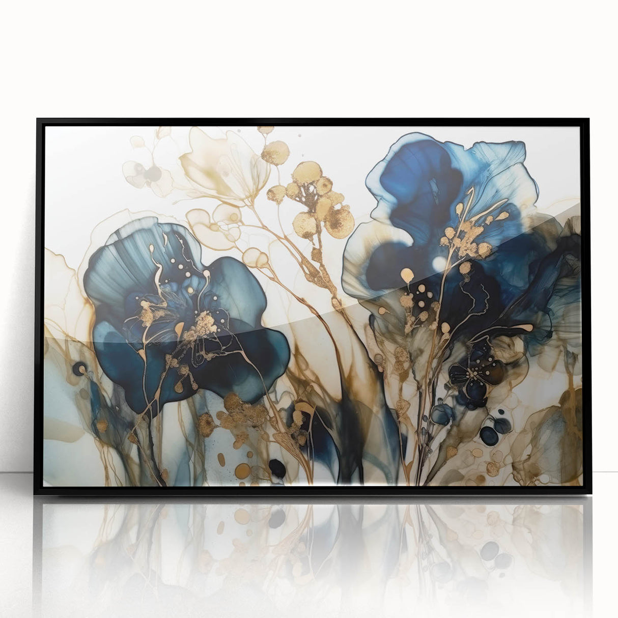 Abstract floral wall art featuring vibrant colors and intricate designs, framed in a sleek black frame, ideal for modern home decor and artistic expression.