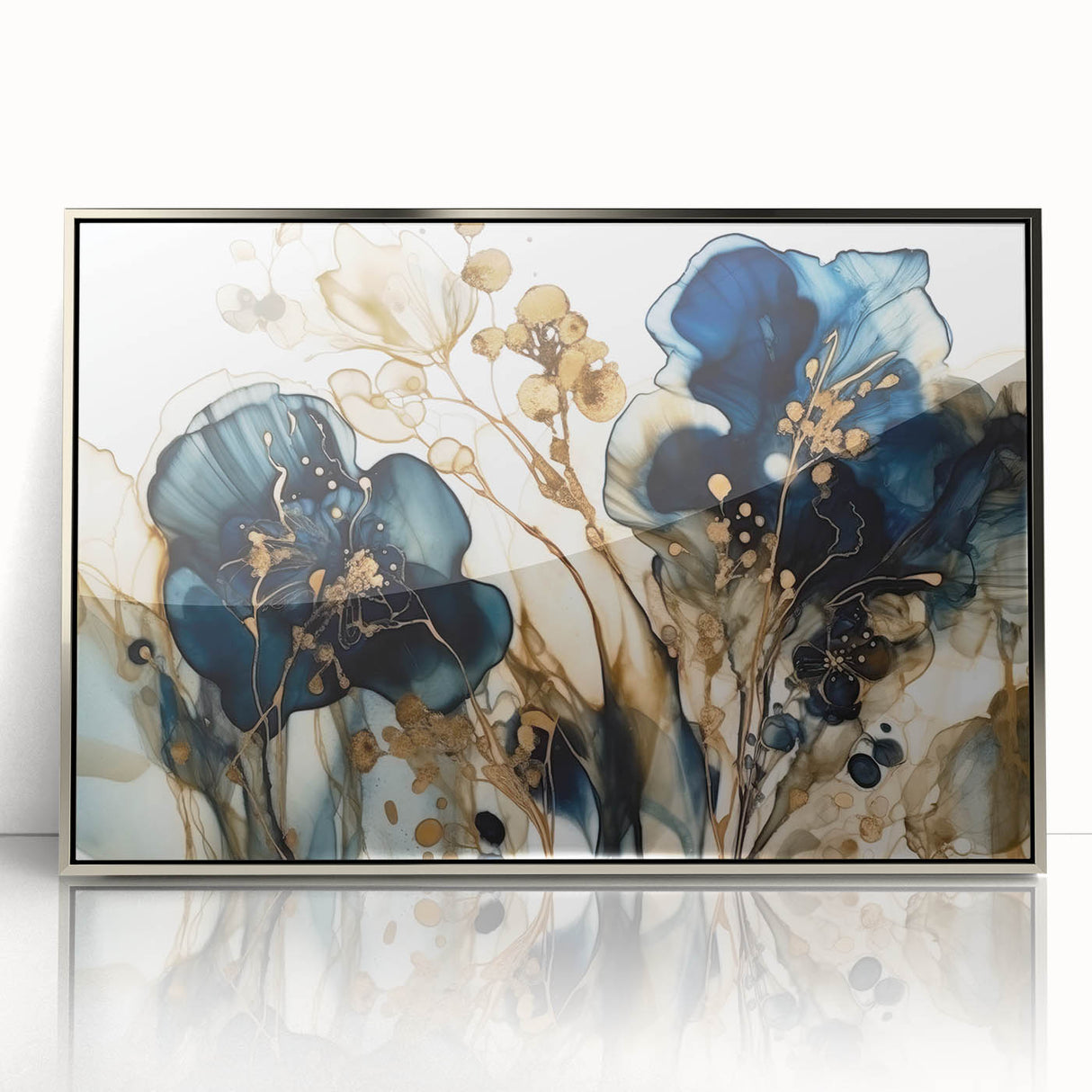 Framed abstract floral wall art featuring vibrant colors and intricate designs, set in a sleek silver frame, ideal for modern home decor and interior design.