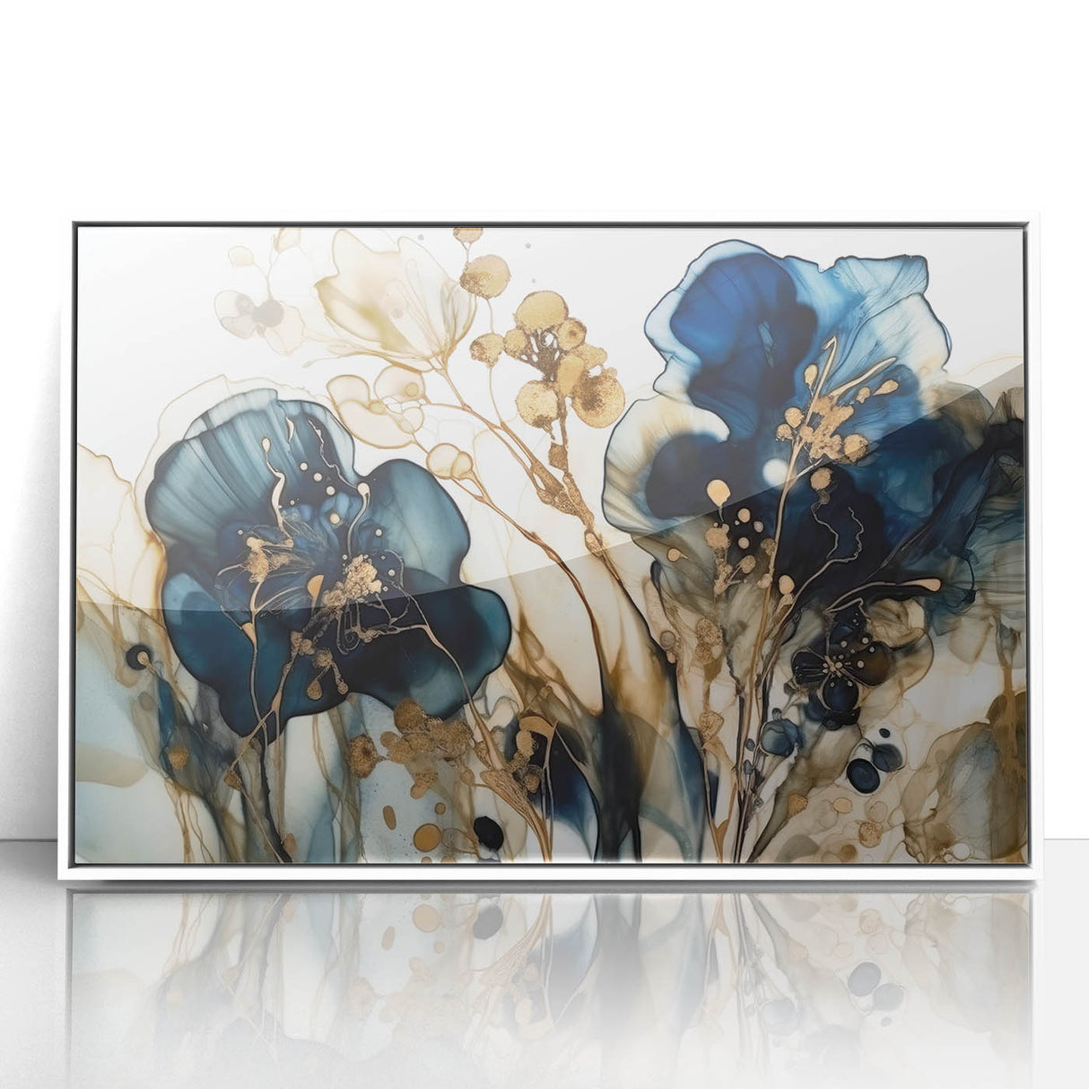 Framed abstract floral wall art featuring vibrant colors and intricate designs, set against a sleek white background, perfect for modern home decor.