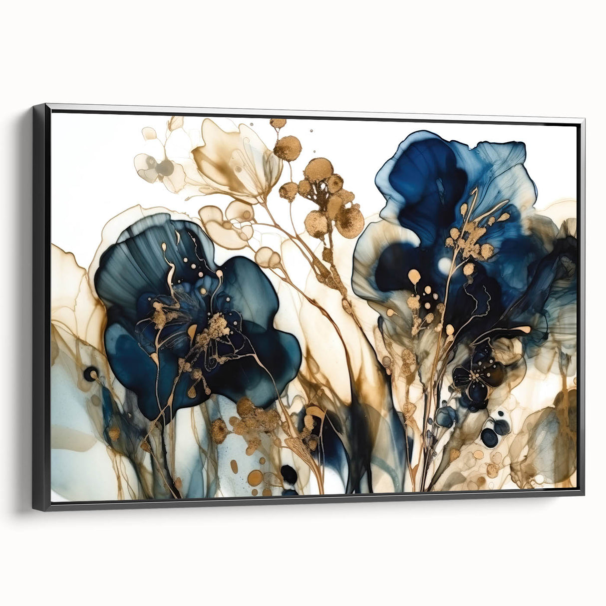 Framed abstract floral wall art showcasing vibrant colors in a black frame, viewed from the side, perfect for modern home decor and artistic interiors.