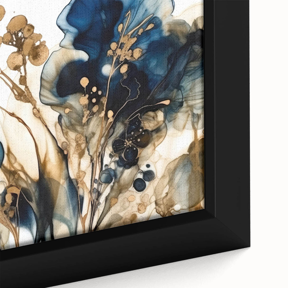 Close-up of framed abstract floral wall art on canvas, showcasing vibrant colors and intricate details, perfect for modern home decor enhancement.