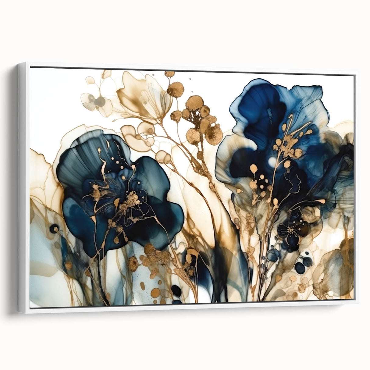 Framed wall art featuring abstract floral designs in vibrant colors, showcasing a white canvas with intricate details, perfect for modern home décor.