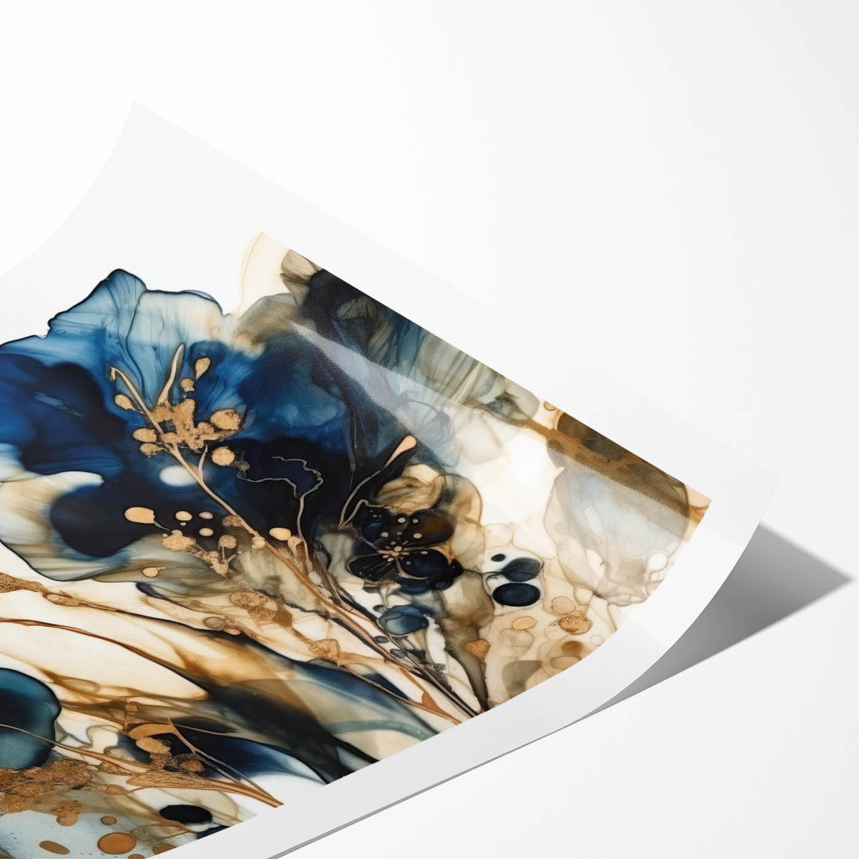 Abstract floral wall art print showcasing vibrant colors like pink, blue, and green, elegantly rolled for display and ideal for modern home decor.