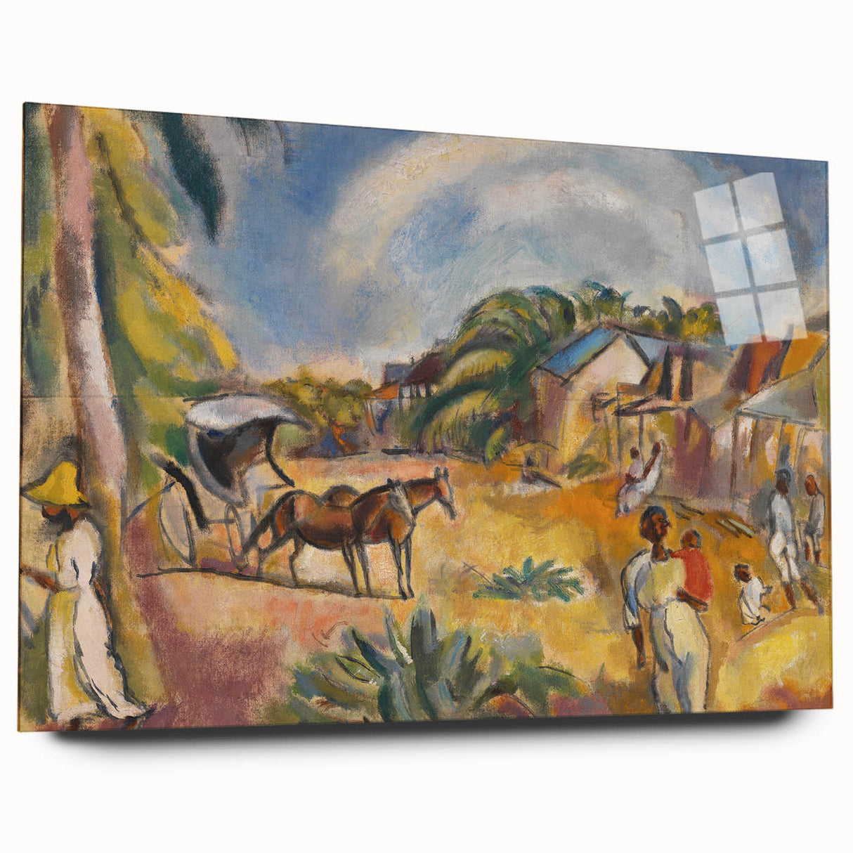 Modern Wall Art: Vibrant Landscape with Figures and Horse Carriage